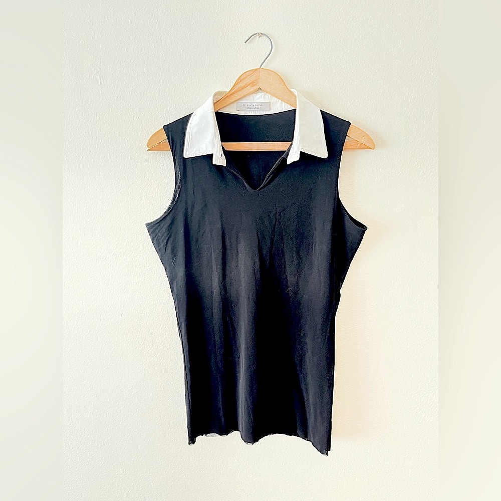 D. Exterior Women’s Black Sleeveless Top with White Collar